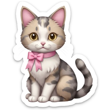 Sitting Dilute grey calico cat with pink ribbon sticker