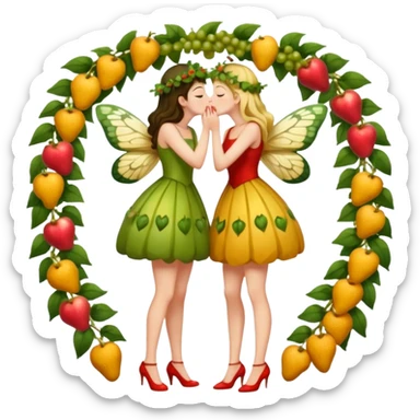 full body two women kissing, fruit vine outfits and moth swarm halo sticker