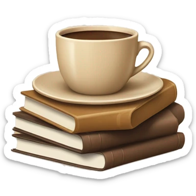 beige cup of coffee on top of a small stack of brown and beige books sticker