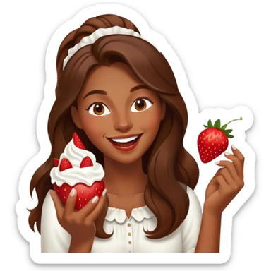 Young woman with long brown hair eating strawberries whipped cream, laughing elegant  sticker