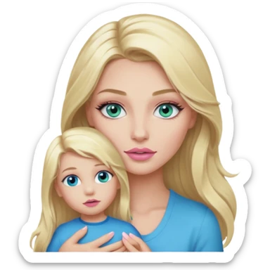 Blonde baddie with long hair Pretty makeup long lashes blue-green eyes ,   light pink lips ,holding 1 little Boy  with blue eyes sticker