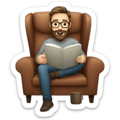 Bearded man, glasses, armchair, Reading at home, drinking a coffee, relax sticker