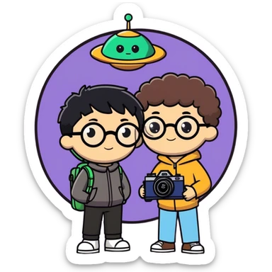 A little boy with straight black medium-length hair, white skin, and black eyes wearing black-framed glasses is taking photos on a UFO with a camera. Beside him, there is an alien and a brown round-headed teddie poodle. sticker
