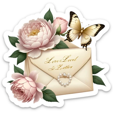 An antique love letter bundle, tied with an ivory silk ribbon, accompanied by dried blush pink roses, white peonies, and dahlias, with a pearl butterfly seemingly admiring the golden calligraphy.
 sticker