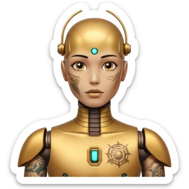 gold Tatooed robot with rada, big many tatooes on chest, neck and face, white tatoo on face sticker