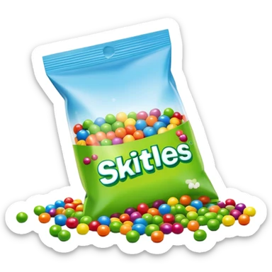 An open Skittles candy bag with green Skittles scattered around it. Colorful rainbow packaging and minimalist design. sticker