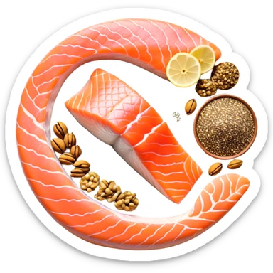 Floating arrangement of omega-3 rich foods: fresh salmon fillets, walnuts, flaxseeds, chia seeds and golden omega-3 capsules, all emitting a soft golden glow. The foods orbit around a central shimmering omega symbol, with gentle flowing energy connecting them. sticker