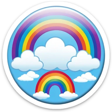 A round psychedelic colored button with a bezeled rainbow with clouds and colorful hippie style flowers sticker