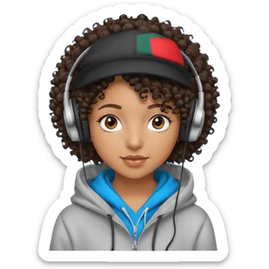 curly haired with headphones in and hoddie  black girl with cap sticker