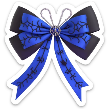gothic bow, royal blue satin, black lace overlay, silver spiderweb charm, moody and elegant sticker