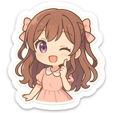 brunette anime girl with purple eyes, chibi style, playful expressions, pastel colors, no background sticker