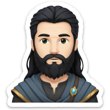 Boreas, North Wind God from Rome Mythology with long jet black hair and beard, dark gray outfit sticker