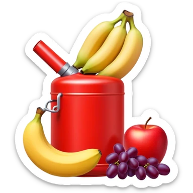 bright red gasoline canister surrounded by a banana, an apple, and grapes, red fuel can with fruits arranged around it sticker