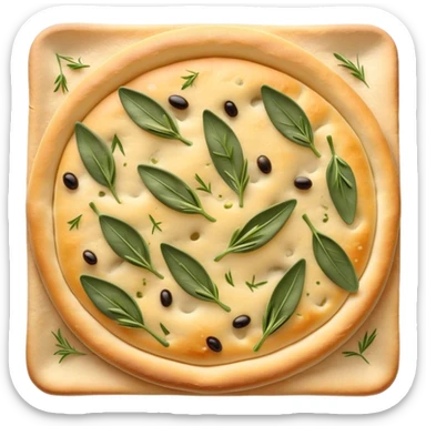 Cinematic Realistic Focaccia Bread Dish Emoji, depicted as a golden, olive oil brushed flatbread sprinkled with herbs rendered with lifelike texture and soft, appetizing lighting. sticker