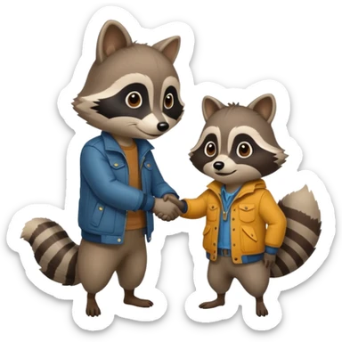 person and racoon standing full body looking at each other and giving a hand shake. cartoon style sticker