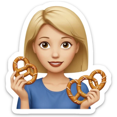 Short, Straight, Dirty blond hair, fair skin, woman holding pretzels and winking sticker