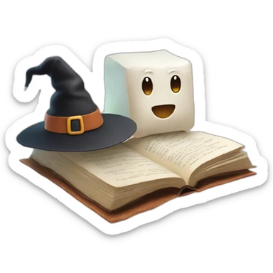 Tofu reading a book with a witch hat sticker