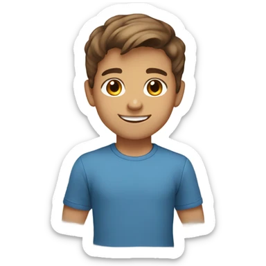 Smiling boy with brown eyes light tan skin tone brown hair and blue shirt and short brown hair sticker