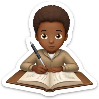 African boy student with brown skin writing with book and pen sticker
