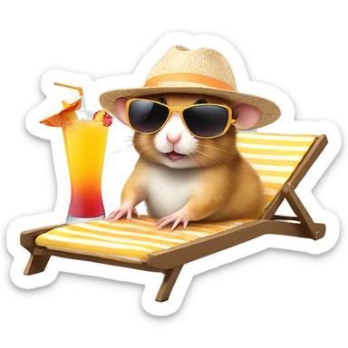hamster with a sunhat and sunglasses drinking a coctail while laying in a sunbed sticker