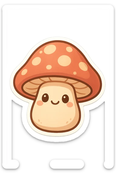 chibi sticker-style mushroom with a smiling face, cute and exaggerated sticker