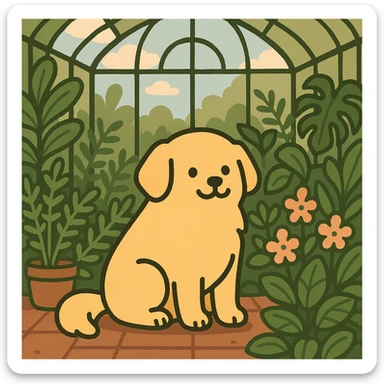pusheen-style flat toon golden retriever in a botanical garden greenhouse sticker