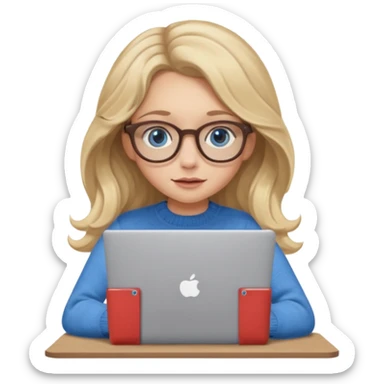 blonde girl with long dark blonde wavy hair, blue big eyes, pantos-style glasses, a brown colored sweater, sitting and looking in laptop, soft pastel, upper body shot sticker