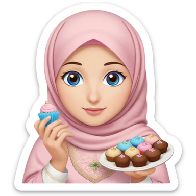 Turkish beautiful finish Konya girl blue eyes with powder pink brown hijab islamic dress and had on her hand text Eid Mubarak with sweets and celebrating with her friends eid days   sticker