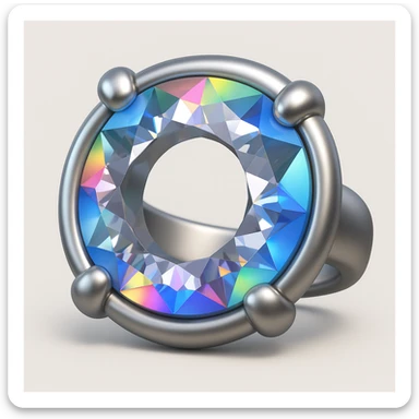 Make it 3D emoji style: add a silver jewelry setting to the round cut white diamond with intense holographic rainbow reflections sticker