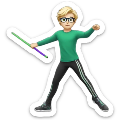 white boy with green eyes glasses blond hair wearing tight purple pants and top twirling a white baton with several black stripes sticker