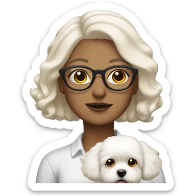 Woman with white medium length hair and glasses holding Bichon with tan ears sticker