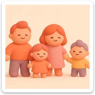 a family of four holding hands, mochi style, soft and rounded, warm pastel palette, joyful mood sticker