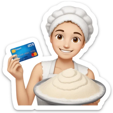 Happy emoji with credit card in hand an a pile of flour sticker