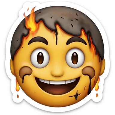 A emoji with half of his face burnt with the emoji having a big grin sticker