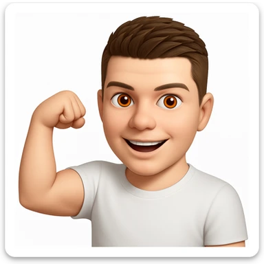 Based on these photos, make an emoji with facial features intact, man in white t-shirt, showing muscles sticker