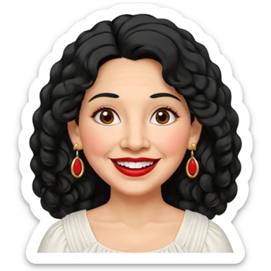 60 yr old Mexican woman, slightly chubby, wavy/curly long black hair, red lipstick, big smile, white teeth, brown eyes, hoop earings, side part to hair, round face, pretty white dress, hair side swept, big hoop earing sticker