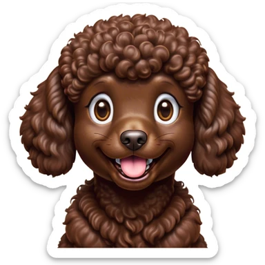 Cinematic Comical Chocolate Poodle Portrait Emoji, Head tilted dramatically with an exaggeratedly amused expression, featuring a glossy, curly chocolate Fur with a bouncy texture, wide, expressive brown eyes filled with playful disbelief, Simplified yet hilariously expressive features, highly detailed, glowing with a slightly sassy glow, high shine, dramatic yet playful, stylized with an air of cheeky mischief, bright and endearing, soft glowing outline, capturing the essence of a spirited and over-the-top companion, so meme-worthy it feels like it could side-eye its way into internet fame instantly! sticker