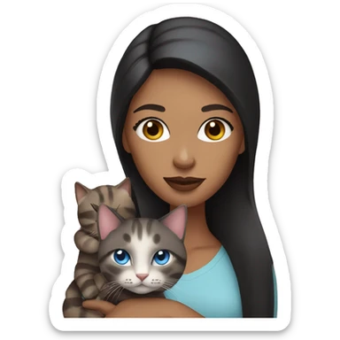 woman with long dark hair, pink lips,and blue eyes holding a tabby cat sticker