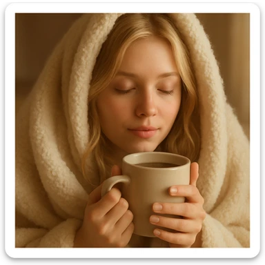 blonde girl inside a blanket sipping coffee, eyes closed, soft and cozy style, warm and serene atmosphere sticker