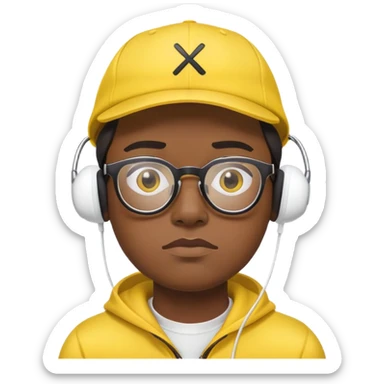 "- Nam
- 30 tuổi
- Da đen
- Đội mũ lưỡi trai vàng
- Đeo kính, airpod
- Mặt buồn
" sticker