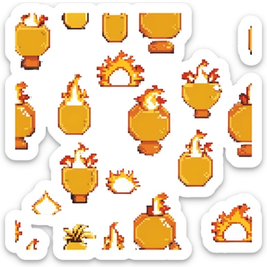 Bomberman right-facing end-cap explosion tile, flames ending and tapering rightward with pronounced flame wisps, orange/yellow with more red at the tips, extending about 70% into right direction sticker