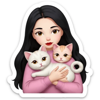 Beautiful Girl Long Hair black, Brows Big , Skin White, Sweater Pale Pink , Big Red Lips, Eyes marron , Hug Little baby Persa Cream Cat With Cute Eyes sticker