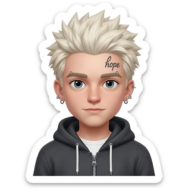Create for me a boy wearing a zip-up hoodie showing his shirt underneath, with long, spiky platinum blonde hair, piercings, and the word "hope" tattooed on his eyebrow. sticker