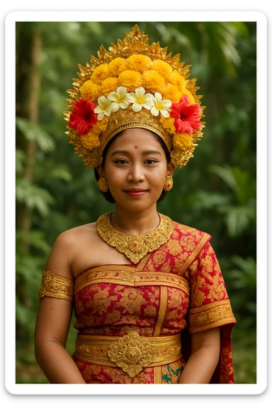 a Balinese person in ceremonial dress with a flower headdress, gentle expression, lush greenery background sticker