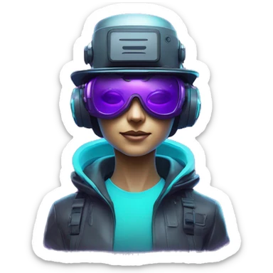 Secret humanoid agent in a futuristic hat with in Apple VR goggles headset code display on the goggles , cyberpunk, cyan and purple colors, only upper body portrait, front facing the camera  sticker