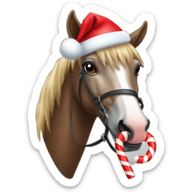a horse with a Santa hat eating a candy cane sticker