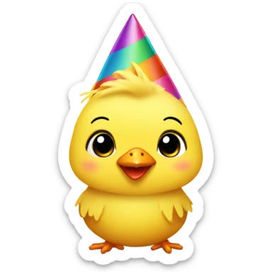A yellow baby chick with a party hat sticker