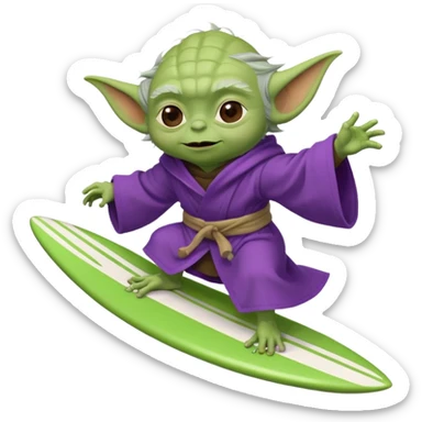 yoda in a purple robe flying in a rocket like surfing sticker