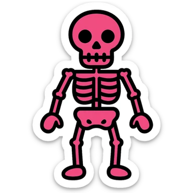 very simple line drawing of the body of a skeleton, 2D, fuchsia color, emoticon/symbol style sticker