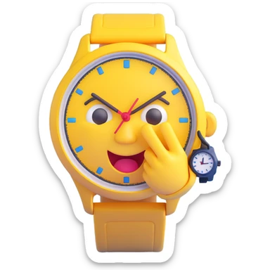 A yellow emoji face with a worried expression, looking at a wristwatch with raised eyebrows, showing urgency and stress sticker